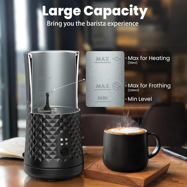 Електричний спінювач молока HAPPHOOH 4-в-1, 240 мл, чорний, з автоматичним відключенням та антипригарним покриттям