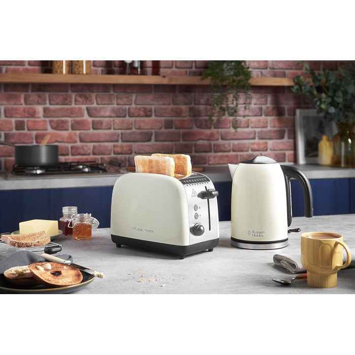 Тостер Russell Hobbs Colours Plus, 2 скибки, нержавіюча сталь, кремовий, широкі відсіки, підставка для булочок, 6 режимів підсмажування, функція розморожування, Lift & Look, 1600 Вт