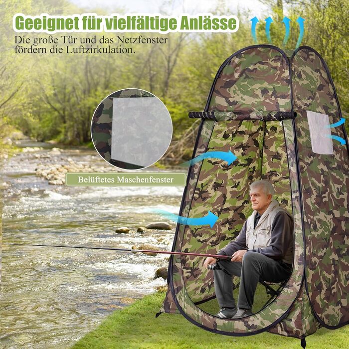Намет для душу GYMAX, 120x120x190 см, для кемпінгу, відпочинку на природі, з сумкою, Flecktarn (зелений)