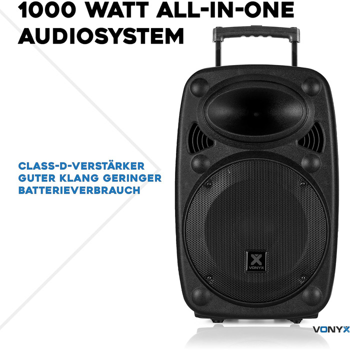 Vonyx Verve46 - портативна акустична система для вечірок, Bluetooth, 1000W, 2 мікрофони UHF, MP3, з пультом ДУ, чорний