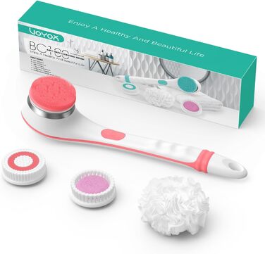 VOYOR Back Brush Shower Brush Body Brush Electric Back Scrubber with Long Handle Waterproof Rechargeable with 4 Cleaning Heads for Spa Shower Exfoliating Massage Brush BC100 (Pink)