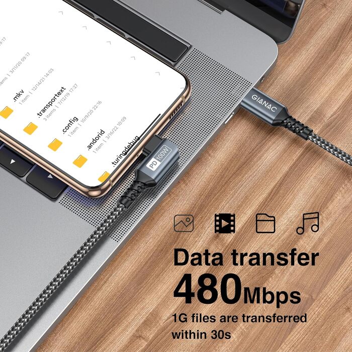 Кабель USB-C на USB-C 3м, 100W, 90° з E-Mark для Macbook, iPad, Samsung, Huawei