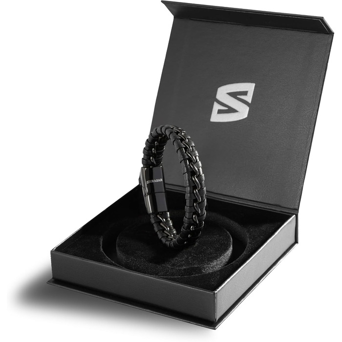 Чоловічий шкіряний браслет SERASAR Premium | Магнітна застібка з нержавіючої сталі, чорний, срібний, золотий | У подарунковій коробочці | Чудова ідея подарунка, 20 см, колір: чорний