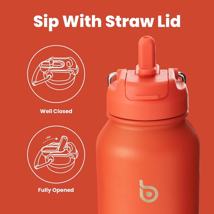 BOTTLE BOTTLE Insulated Water Bottle with Straw, Sports Stainless Steel Water Bottle with Handle Lid, Outdoor Sports Bottle for Pills, 1L (White) (Orangered)