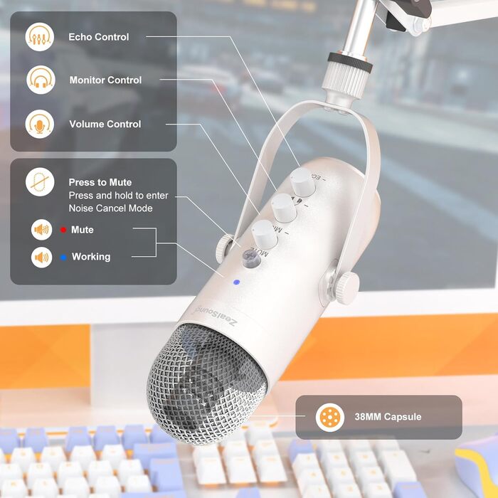 Zealsound USB мікрофон для подкастів, ПК, телефону – з шумозаглушенням, кнопкою вимкнення звуку, ехо-ефектом для вокалу, стрімінгу, геймінгу, YouTube. Сумісний з iPhone, Mac, PS5 (перламутрово-білий)