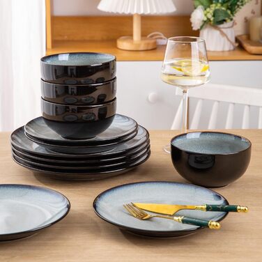 Набір керамічного посуду LERATIO для 4 осіб: тарілки та миски з реактивної глазурі (12-36 шт.), сірий колір