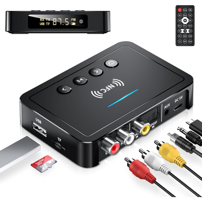 Bluetooth 5.0 Аудіоадаптер 3-в-1 для TV, PC, стереосистеми: передавач, приймач, FM-передавач з пультом, HiFi підсилювач