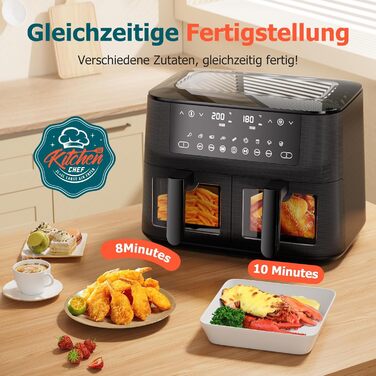 Дво-зонна аерофритюрниця з оглядовим вікном, 9 л XL, подвійний Airfryer, 2 кошики, 9-в-1, сенсорний екран, розумний таймер, для здорового приготування без олії