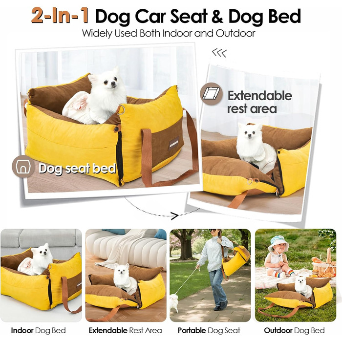 Small & Medium Dog Car Seat - Portable Pet Carrier with Extendable Bed, Washable Travel Dog Bed with Storage Pockets & Safety Belt - Green