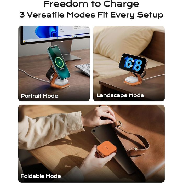 Бездротова зарядна станція KU XIU X40 Turbo Qi2.2 25W 3-в-1 для iPhone 17/16/15/14/13/12, Apple Watch та AirPods, алюмінієва, з адаптером GaN 45W (Космічний Помаранчевий)
