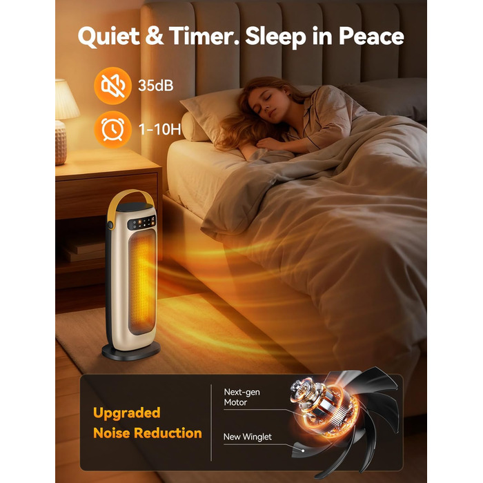 Електричний обігрівач PTC керамічний 1500W з пультом керування, 4 режими, осциляція 110°, таймер 1-10 год, захист від перегріву та перекидання. Компактний обігрівач для дому, золото.