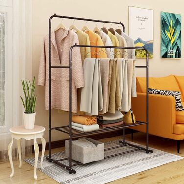 JURMERRY Freestanding Clothes Rack, Double Hanging Rail, High-Performance Metal with Shelf, Commercial Quality (Bronze)