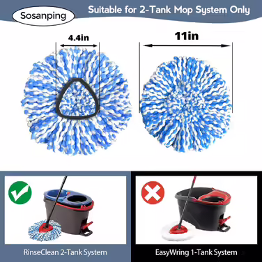Spin Mop Replacement Head, 3 Pack, Replacement Mop Head, compatible with Ocedar RinseClean 2-Tank System, Microfiber, machine washable, easy to replace and deep cleaning, Blue3694