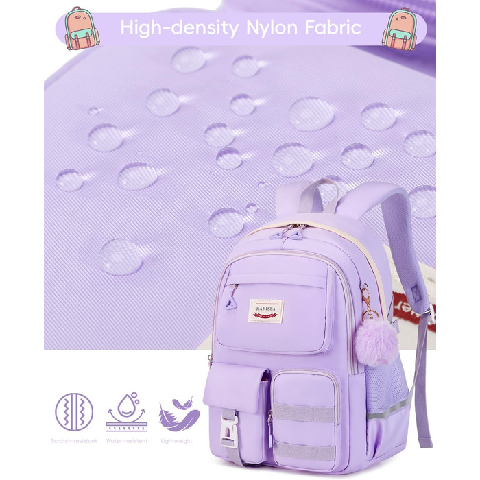 Рюкзак для підлітка Tanou, жіночий, для школи, 9-16 років, великий, водонепроникний, з брелоком (фіолетовий)