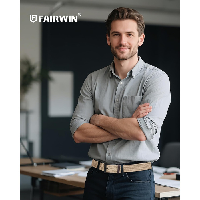 Еластичний плетений ремінь Fairwin для чоловіків та жінок, тканинний розтяжний пояс (Кремовий, розмір L: талія 91–107 см, довжина 115 см)