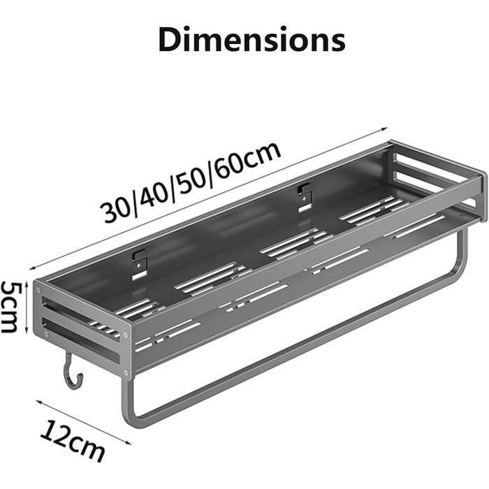 Настінна полиця для душу без свердління, сірий колір, 40x40 см. Організатор для ванної кімнати з великою місткістю та гачками