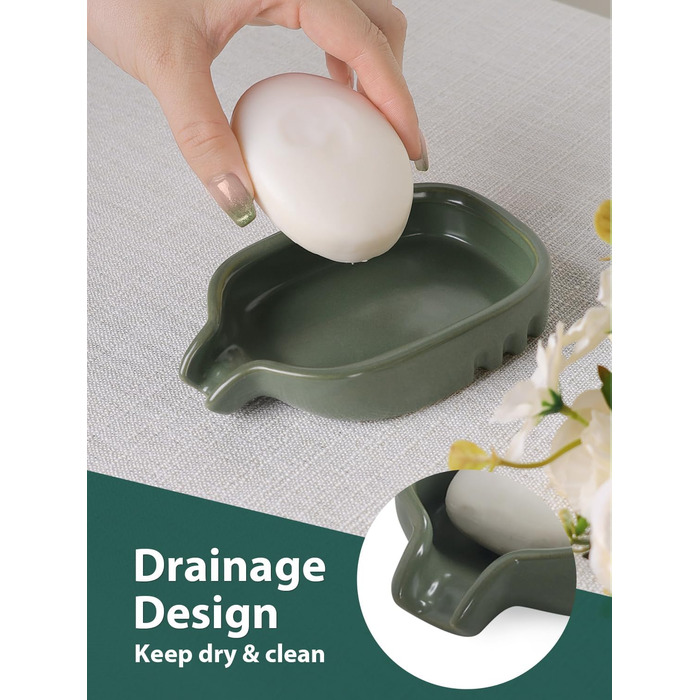 Керамічна миска для мила BosilunLife з отвором для стоку води – неслизька підставка для мила, квадратна, сучасна та мінімалістична, для ванної кімнати, душу, кухні, умивальника (Сірий, Зелений)