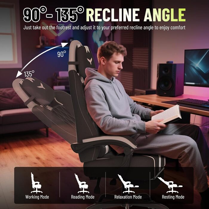 Геймерське крісло Ferghana Ergonomic з підтримкою спини, голови та підставкою для ніг - чорно-біле