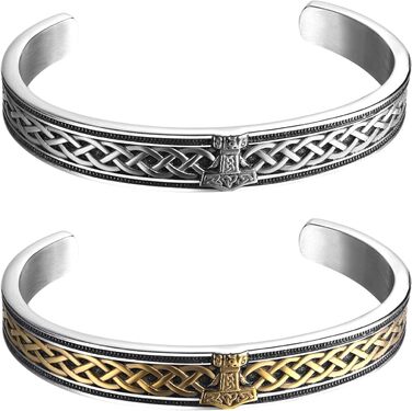 Чоловічий браслет JewelryWe з нержавіючої сталі з вовком, плетіння, стиль вікінг/байкер, відкритий браслет, срібло/золото/чорний, еластичний, набір 2 шт. (Молот Тора)