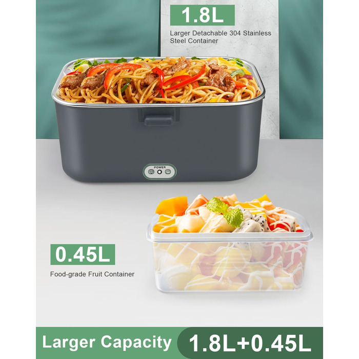 AUTOPkio Electric Lunch Box 1.8L 80W, 12V/24V/220V Large Heated Food Warmer with Bag, Stainless Steel Fork & Spoon for Car, Truck, Office