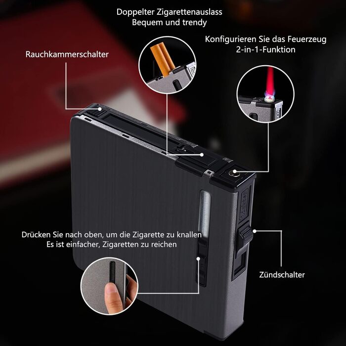 Елегантне Zigarettenetui з запальничкою CAM2, автоматичне витягування, вміщує 20 сигарет, чорний, з металевим малюнком