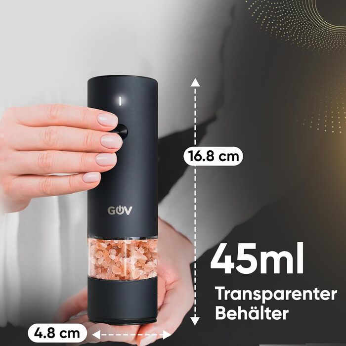 GOV Electric Pepper and Salt Grinder Set - 45 ml Black Edition - USB-C Rechargeable - 6 Adjustable Grind Sizes - Stylish Black Stainless Steel Design with LED Lamp