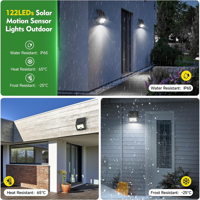 Solar Security Light for Outdoors with Motion Sensor, 122 LED 4 Modes Spotlight, USB Cable 2200mAh IP65 Solar Light Fence Light for Garden 【2 Pack】