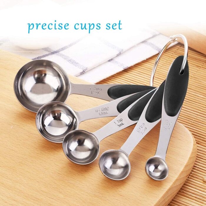 Stainless steel measuring cups and spoons, 10-piece set with storage rings, nesting teaspoons for measuring dry and liquid ingredients. Spoons