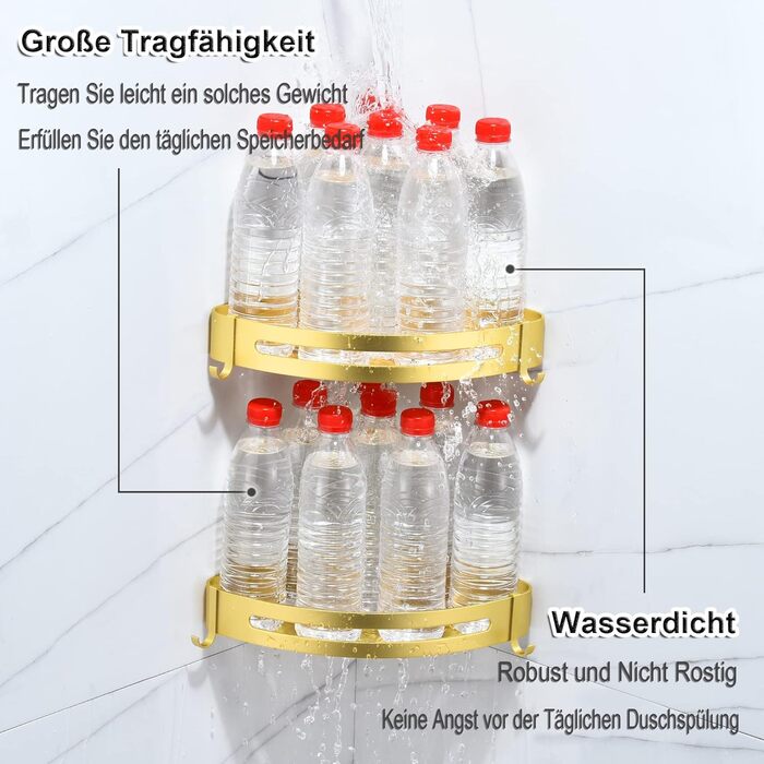 Поличка для душу без свердління, кутова поличка для ванної кімнати з алюмінію Space, трикутна корзина для душу з гачками, органайзер для шампуню, антикорозійна (2 шт., піскоструминне золоте покриття)