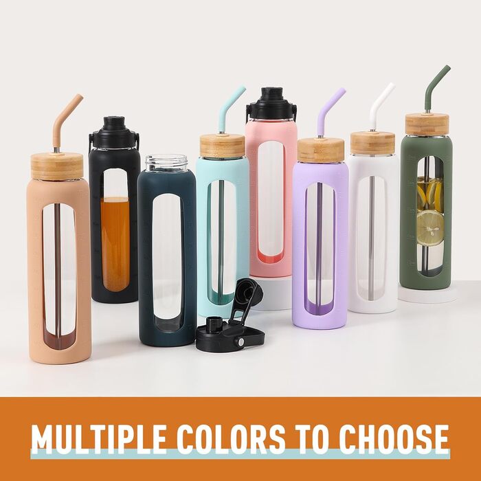 BLUEGO Glass Water Bottle 900ml Sport Water Bottle with 2 Lids and Straw Leak-Proof Glass Bottle with Time Marker and Measuring Scale BPA Free, Black