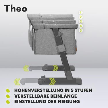 Lionelo Theo 2-in-1 Baby Cot, Travel Cot for Baby, Bedside Cot for Baby from Birth up to 9 kg, Height Adjustment, Recline Adjustment, Foldable Side Rail, Mattress, Mosquito Net (Grey) Grey 1 Piece (1-Pack)