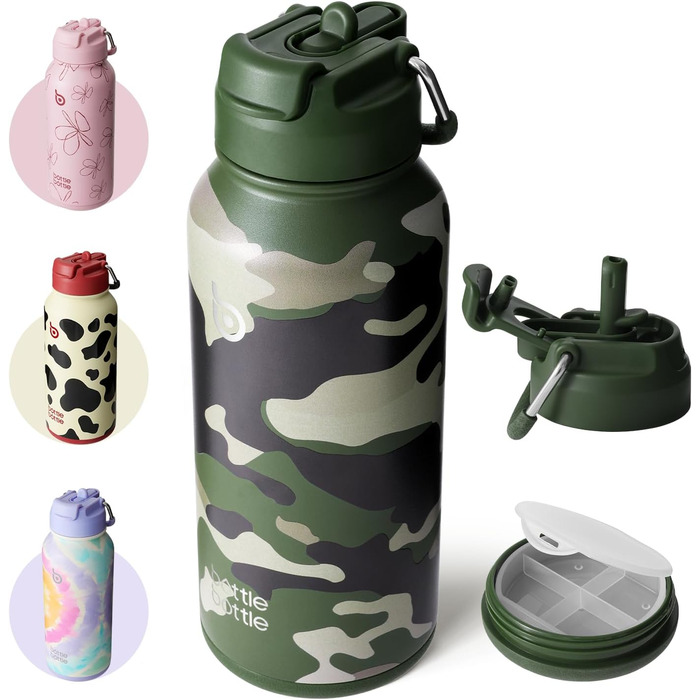BOTTLE BOTTLE Stainless Steel Water Bottle 1L with Straw – Leak-Proof Insulated Bottle for Sports & Gym, with Pill Compartment, BPA-Free, Double-Walled (Jungle Camouflage)
