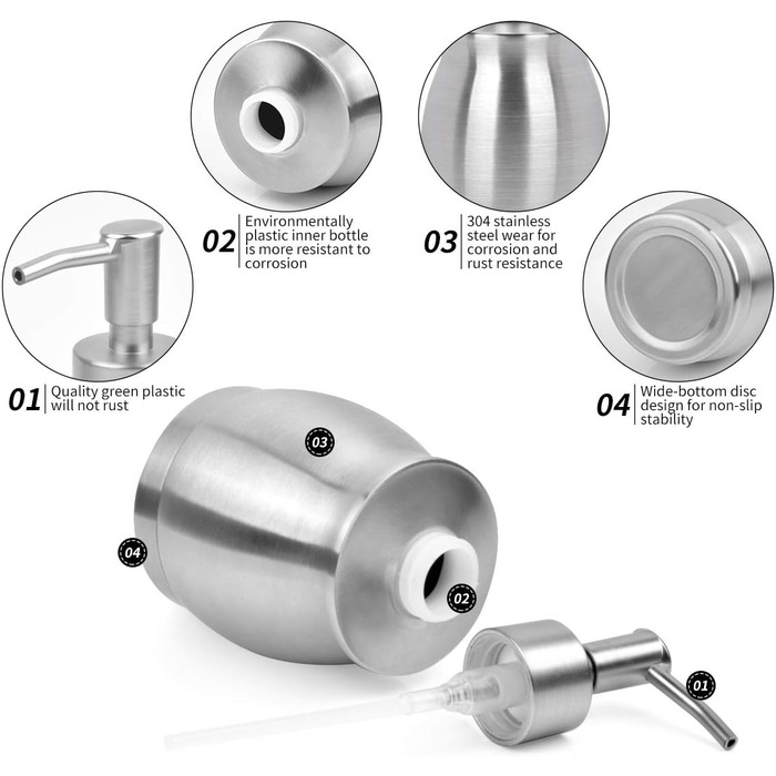 Дозатор мила з нержавіючої сталі, 390 мл, сріблястий (для кухні та ванної кімнати)
