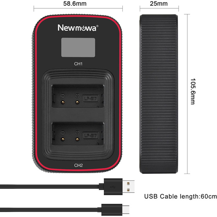 Зарядний пристрій Newmowa з LCD-дисплеєм Dual USB для Canon LP-E17 (EOS M3, M5, M6, 200D, 250D, 750D, 760D, 800D, Rebel T6i, T6s, 8000D, 9000D, Kiss X8i, Kiss X9, Rebel SL3)