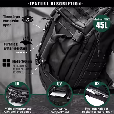 Miramrax Men's Travel Bag - Large Tactical Bag, Weekend Bag, Gym Bag for Overnight Stays, Travel, Military Training, Deployment, Sports, Duffel Bag (45L, Black)