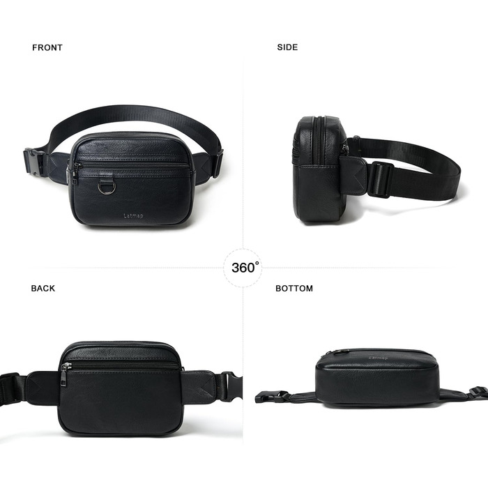 Жіноча сумка на пояс, кросбоді, з PU шкіри, водовідштовхувана, антикрадіжна, 4 відділення, чорна, на блискавці, 19.05 x 15 см, 55 см ремінець, ручне прання