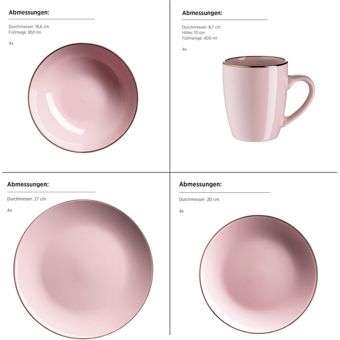 Сучасний сервіз для 4 осіб з мідним бордюром (16 предметів, Рожевий)