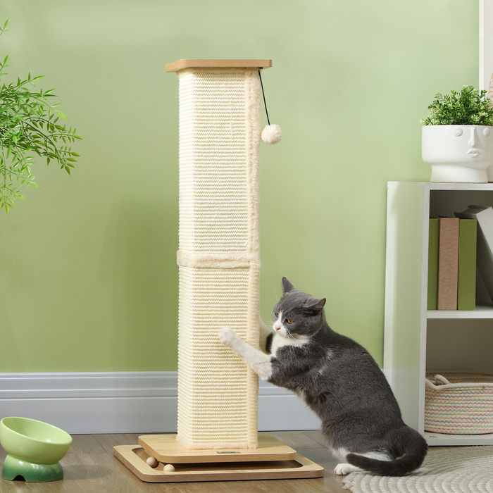 PawHut 3-in-1 Scratching Post, 87cm Scratching Column, Sisal Cat Scratching Tree with Play Ball, Scratching Post for Cats, Cat Scratching Furniture, Indoor, Oak | Aosom