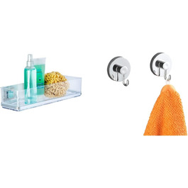 WENKO Vacuum-Loc® Bathroom Wall Shelf Quadro Maxi, no drilling required, with 2 tiers, 38.5 x 8.5 x 14.5 cm & Vacuum-Loc® Wall Hooks, set of 2, towel hooks, each 6 x 6.7 x 5 cm