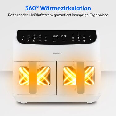 MEDION P20 XXL Фритюрниця для повітря з 2 камерами (8,7 л, 2600 Вт, 10 програм, ILAG PFAS-free, MD11760) матово-біла