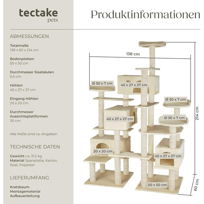 Тектейк® Драбина-кіготь для котів велика, комплектація: будиночки, ігрова колона, стовпчик для шліфування кігтів з сизалю, сірий колір (бежевий) - артикул 403919