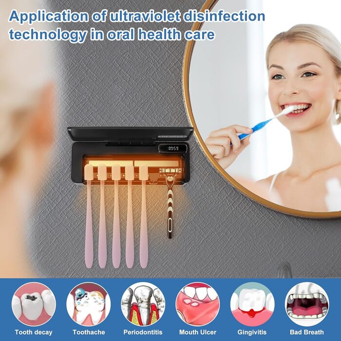 UV Toothbrush Sanitizer with 6 Toothbrush Brush Slots, UV Disinfection Toothbrush Holder with Drying, 2000mAh USB Rechargeable Toothbrush Sanitizer Holder Wall Mounted with 3 Modes for Bathrooms (White) (Black)