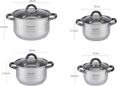 Набір каструль та сковорідок EliteHoff Induktion (8 предметів) з нержавіючої сталі, з кришками та чорними ручками, для всіх типів плит