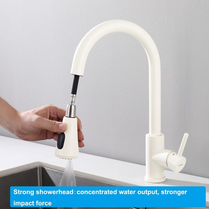 Кухонний змішувач з висувною лійкою, 3 режими, поворотний 360°, високий тиск, для кухні, матовий золотий (білий)