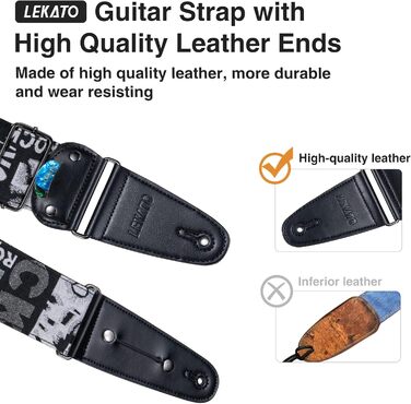 Гітарний ремінь LEKATO, смугастий, 6.7 см, з шкіряними кінцями та кишенькою для медіатора - з 6 медіаторами/фіксаторами ремінця - для бас-гітари, електрогітари та акустичної гітари