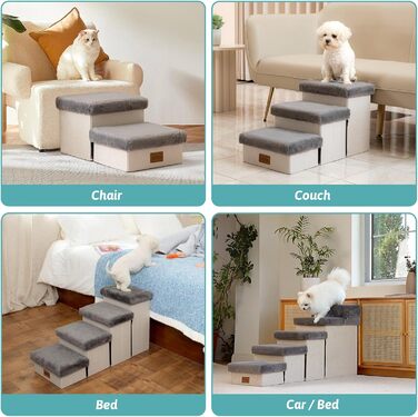 Pet Stairs for Small Dogs with Storage, Folding Dog Stairs for Sofa Couch, Dog Stairs Dog Ramp with Non-Slip Bottom, Leak-Proof, Up to 80kg, 33x63x35cm, 3 Steps, Grey