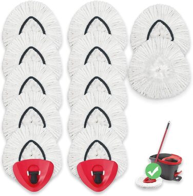 12 EasyWring rotating mop heads, microfiber pop replacement heads, 2 rotating mop covers. Microfiber mop heads can easily remove and absorb stubborn dirt.