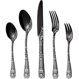 Black Cutlery Set for 6 People, HONKKU 30-Piece Stainless Steel Cutlery Set, Dining Cutlery Set Mirror Polished with Floral Patterns, Fork Spoon Knife Set Dishwasher Safe