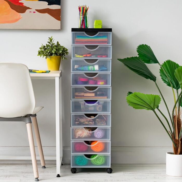 Iris Ohyama Plastic Drawer Box with Wheels, 10 Flat Drawers, Black, Pull Handles, For Bedroom, School & Office, BPA-Free, Drawer Cabinet, Rolling Container, A4 Drawer, DDDC-010