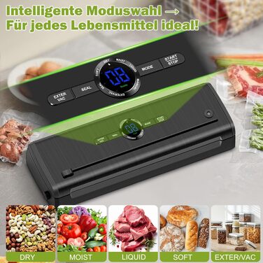 Вакуумний пакувальник KLGFI 7-в-1: професійний апарат для пакування продуктів з подвійною зварювальною швом, з нарізкою та цифровим лічильником. У комплекті 50 вакуумних пакетів. Чорний колір.